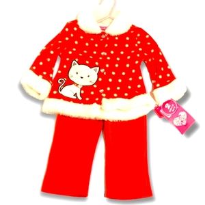 Young Hearts Girls Polka Dot Kitty Faux Fur Red Two-piece Set Size 18M NWTs